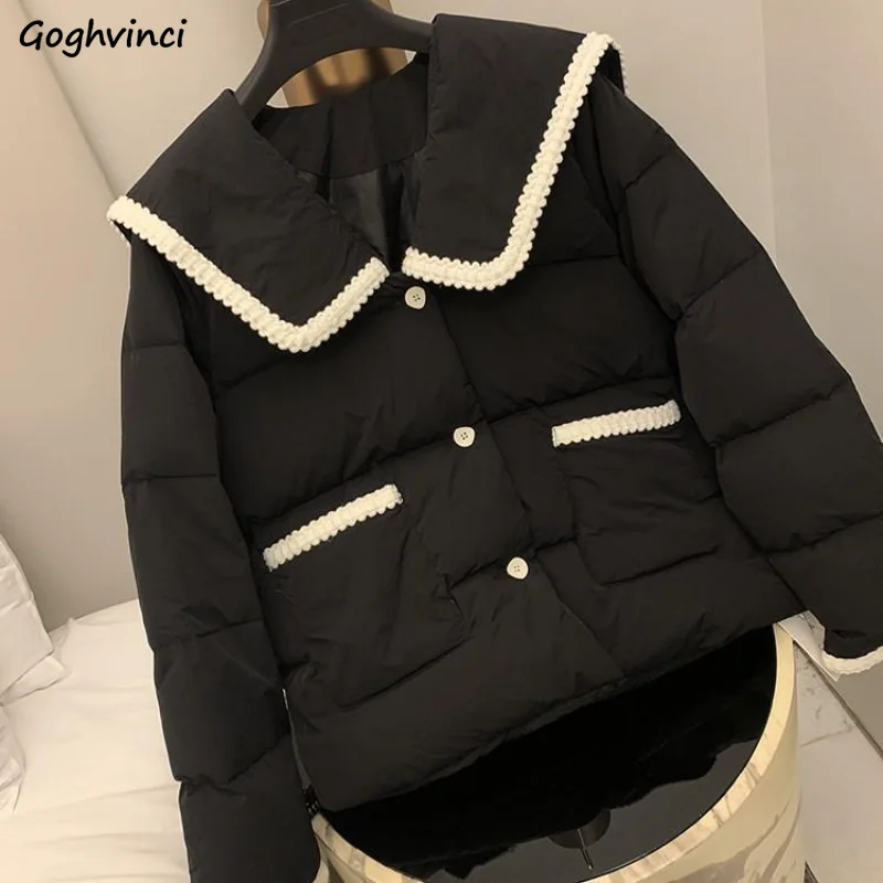 Black Crop Parkas Women Lovely Vintage Long Sleeve Outwear Popular Overcoat New Winter Thick Warm Preppy Style Chic Ins Fashion