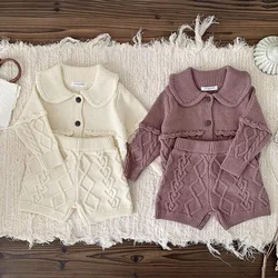 2024 New Autumn Infant Baby Girls Clothing Set Long Sleeved Solid Color Knitted Cardigan+Shorts Toddler Baby Girl Clothes Suit