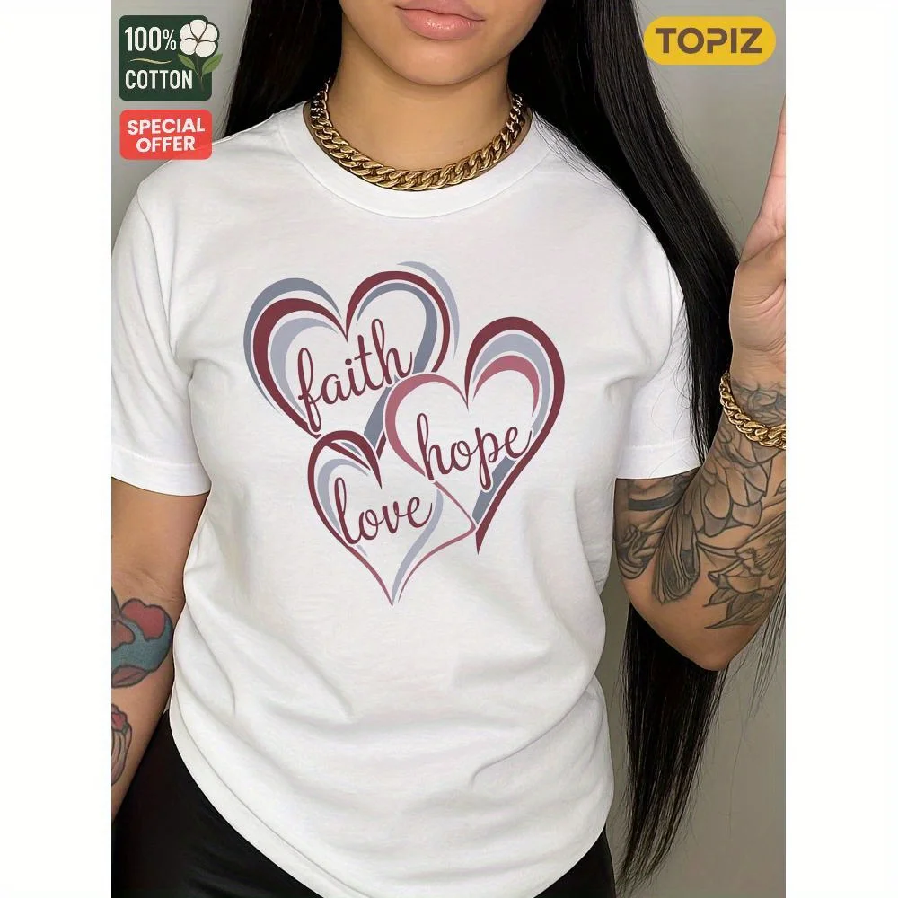 

[Plus Size] Women's Graphic T-Shirt, Short Sleeve Crew Neck Top, Group orders, 100% Cotton, Heart Faith Hope Love Design 100%