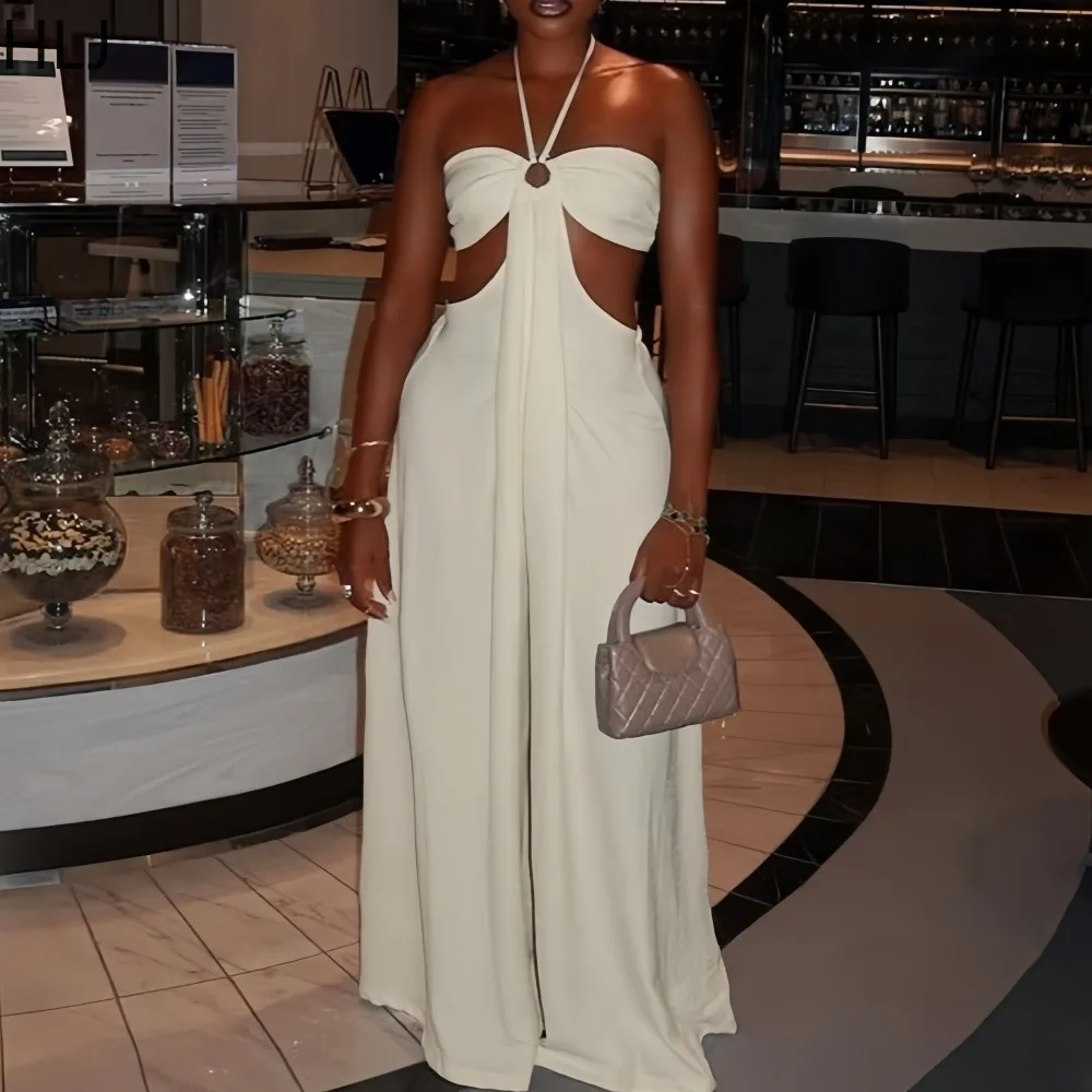 

Женский облегающий комбинезон HLJ с вырезами и вставками, однотонный, с лямкой через шею, без рукавов, с открытой спиной, уличный стиль