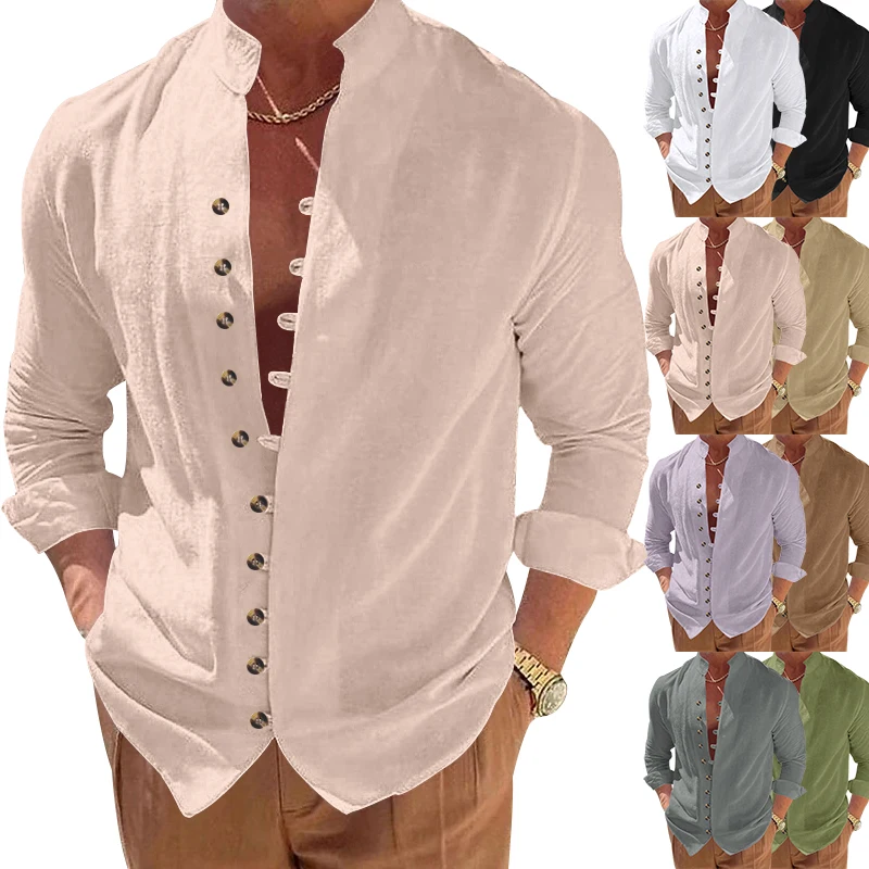 

New button-up men's retro linen casual loose long-sleeved shirt