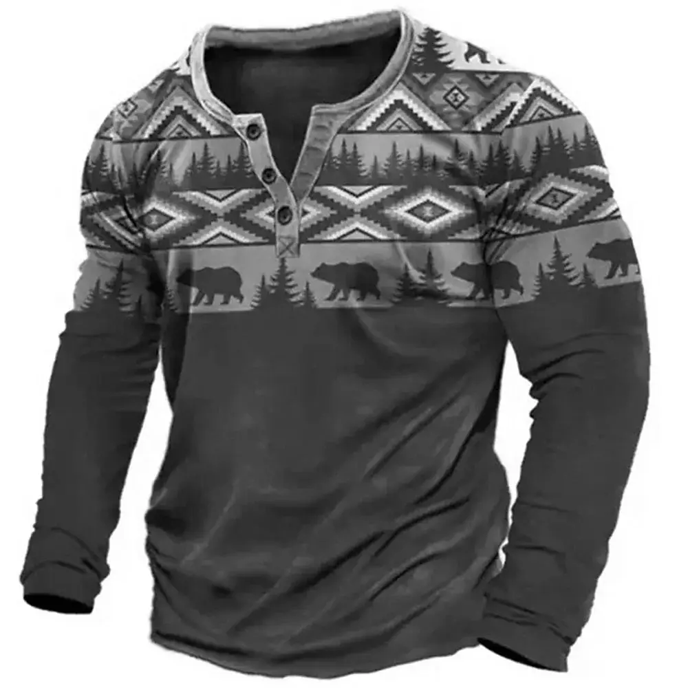 Camisa henley, estampado 3D nacional, ropa masculina retro, ropa callejera de moda, blusa de manga larga de botones