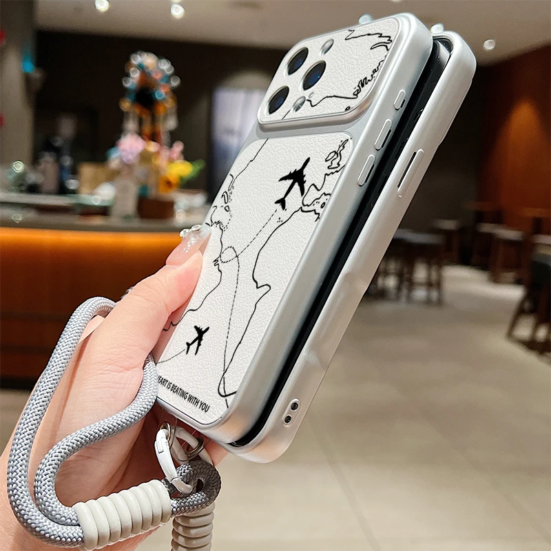 Matte Leather Texture Phone Case For iPhone 17 Pro 16 15 14 13 Pro Max Air Route Pattern Wrist Strap Lanyard Soft TPU Back Cover view 6