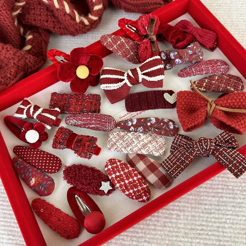 New Year Red Color Hair Clips Set Girls Sweet Bow Flowers Fabric Hairpins Child Cute Barrettes Christmas Hair Accessories Gifts