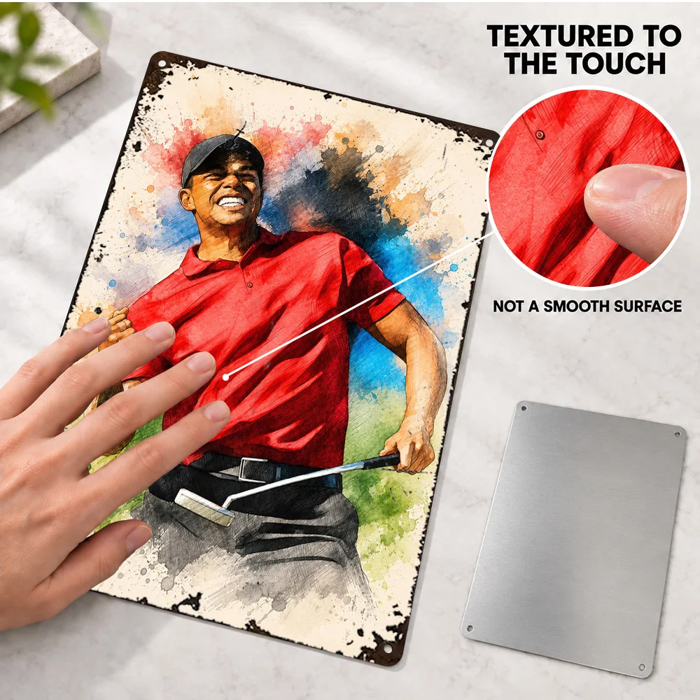 Tiger Woods Golfer Victory Textured Metal Poster Customized Aluminum Sign Expressive Painting Style Wall Art For Living Room