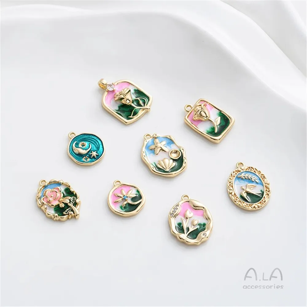 

14K Gold-plated Hand-painted Color Oil Painting Style Rose Pendant DIY Hand-made Necklace Jewelry Pendant Accessories