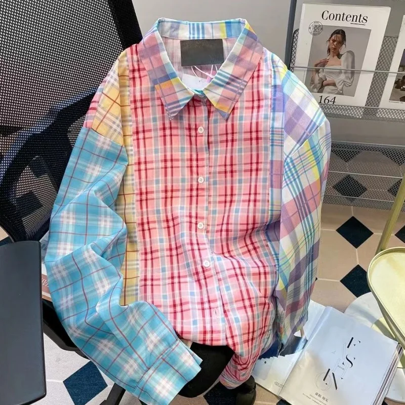 High Quality Cotton Cardigan Plaid Shirts Korean Fashion Colorful Single Breasted Shirt Cute Women Preppy Style Autumn Coat Tops