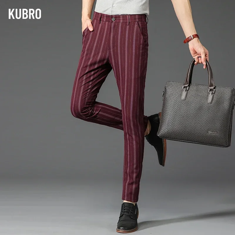 KUBRO Spring Autumn Brand Stripe Pants Men Classic Business Elastic Waist Slim Formal Suit Casual Trousers Fashion High Quality