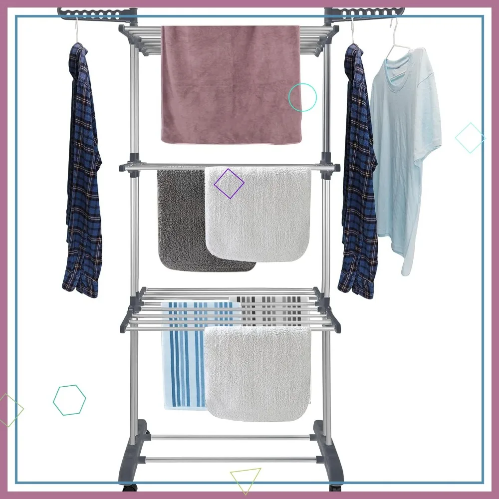 رف تجفيف الغسيل من الفولاذ المقاوم للصدأ قابل للطي مع 4 طبقات وأجنحة جانبية وعجلات للاستخدام الداخلي والخارجي