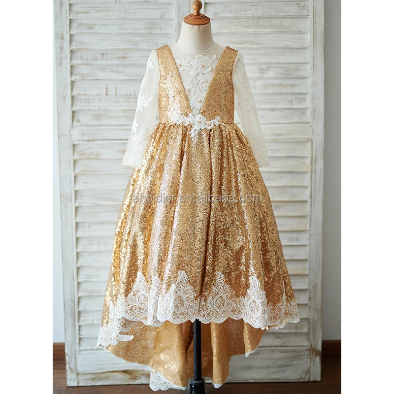 

Long Sleeves Gold Sequin Ivory Lace Flower Girl Dress Princess Birthday Party Dress Ball Gown Couture Baby Girl Toddler Dress