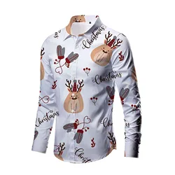 Christmas Mens Button Shirts Long Sleeve Dress Shirts Autumn Print Hawaii Shirts Holiday Party Tops New Year Slim Fit Suit Shirt