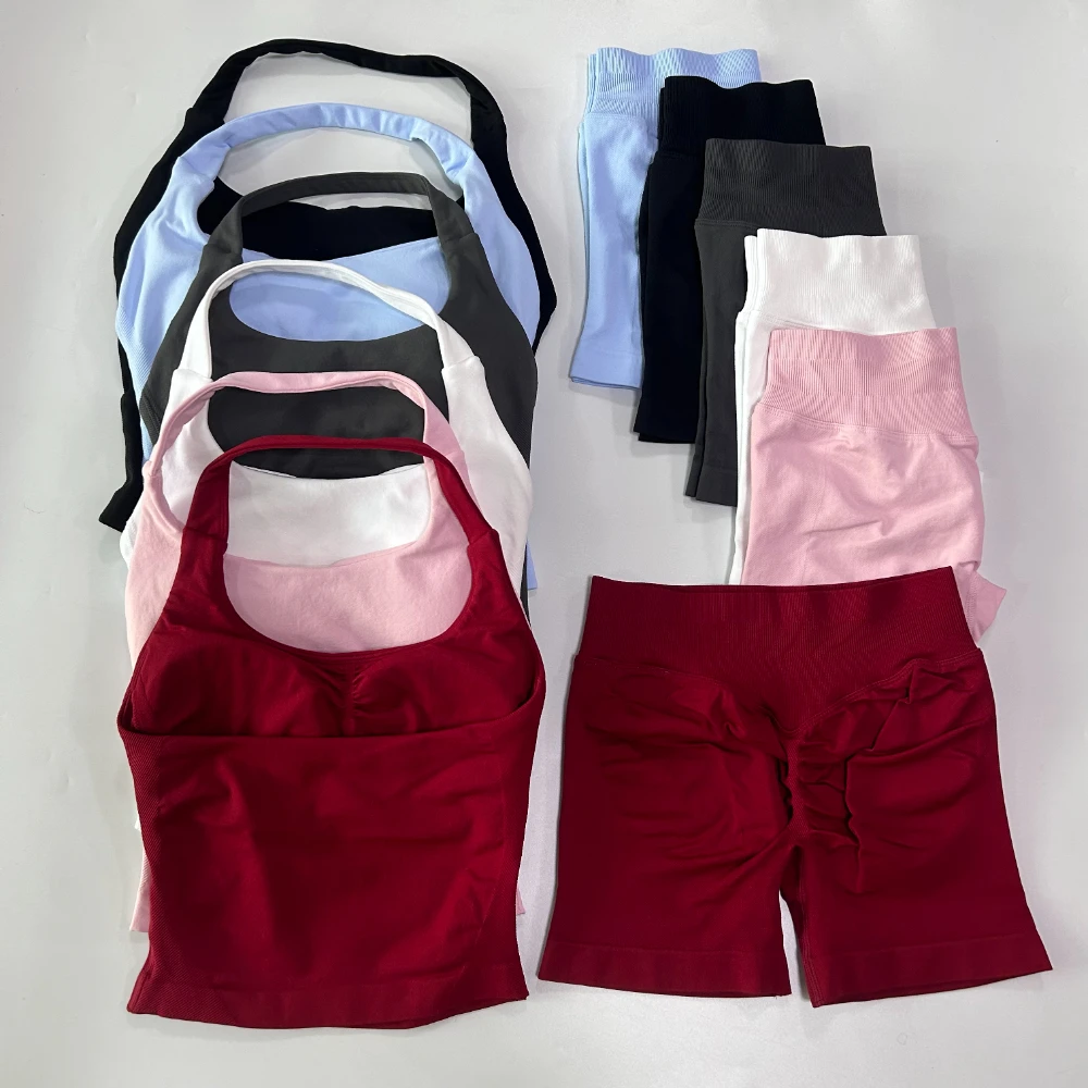 

No Logo 2pcs Gym Set Women Halter Tops High Waist Scrunch Seamless Shorts Fitness Clothes Activewear Workout Set Outfit Gym Suit