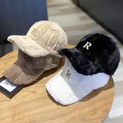 Warm Baseball Cap Female Couple Street Duckbill Hat Autumn and Winter New Item Rabbit Fur Velvet R Letter Label Thick Women Hats