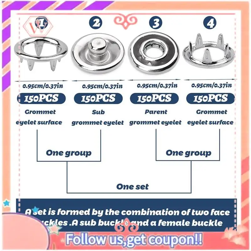 150 ชุดปุ่ม Snap 9.5 มม.เปิดปุ่ม Snap Snap Fasteners Kit Snaps ปุ่มโลหะสําหรับเย็บและ Crafting,