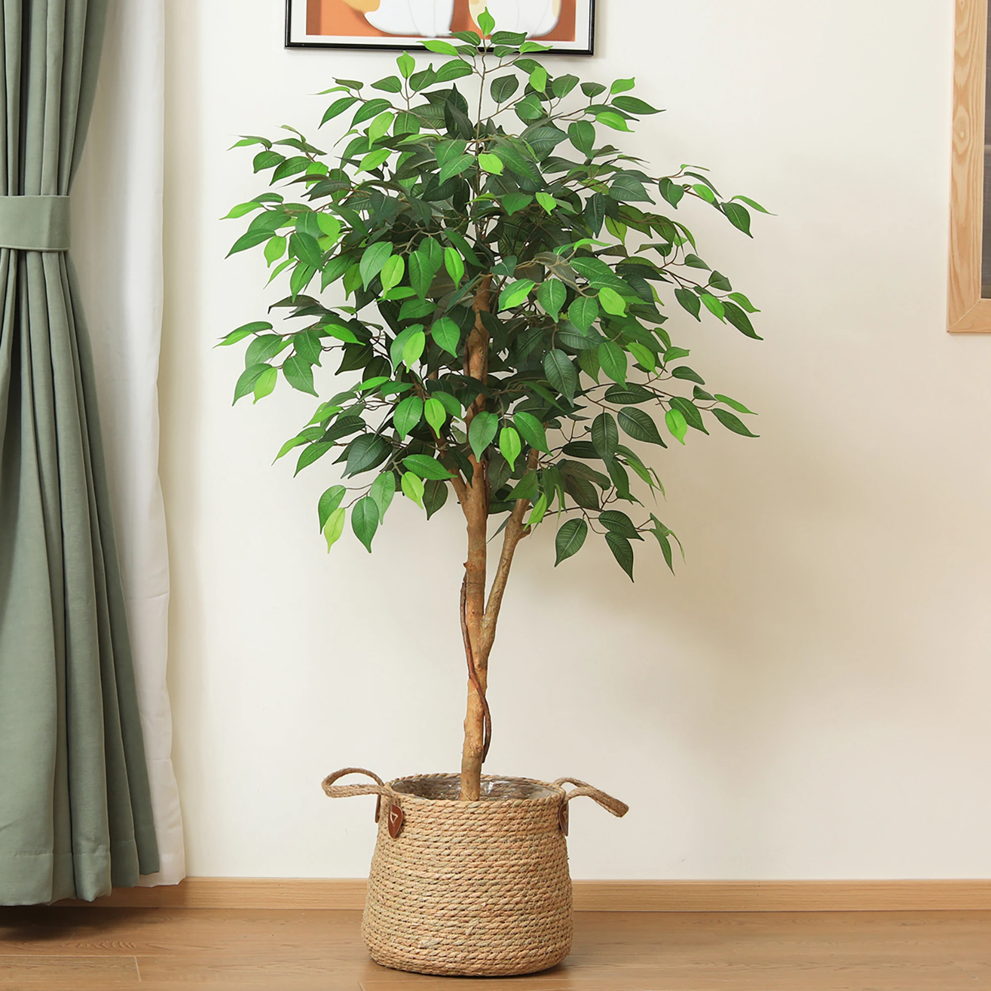 Artificial Ficus Tree with Natural Wood Trunk and Lifelike Leaves, Potted Tree Indoor Outdoor Living Room Home Decor