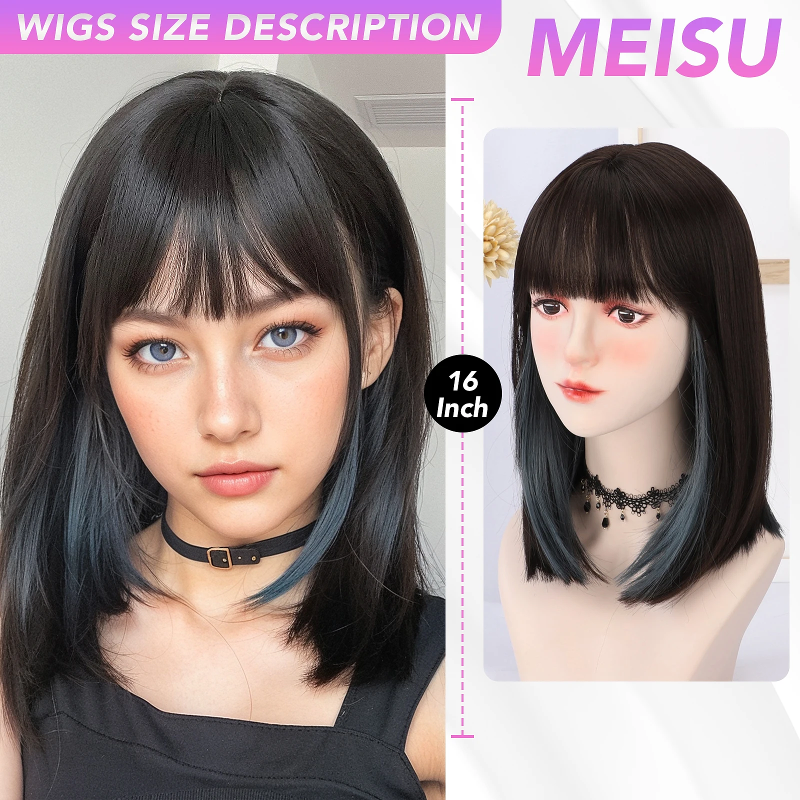 MEISU Bob 16 Inch Black Stairght Bangs Wig Fiber Synthetic Wig Heat-resistant Non-Glare Natural Cosplay Daily For Women Use