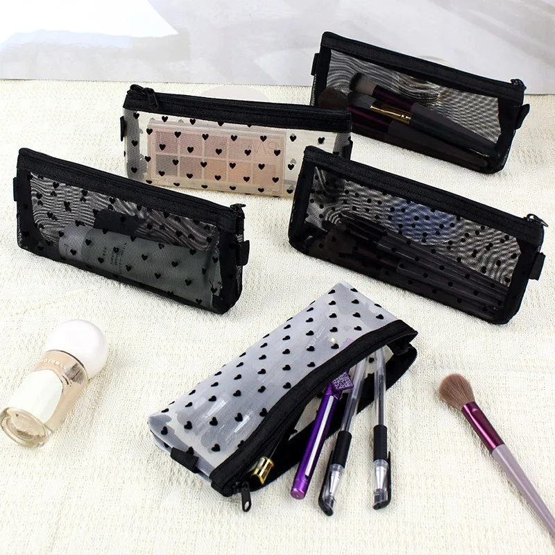 Durchsichtiges Mesh-Etui für Kosmetik- und Make-up-Taschen, Make-up-Pinselhalter, niedlicher transparenter Reißverschluss, schwarzes Herz, bedruckt, Federmäppchen