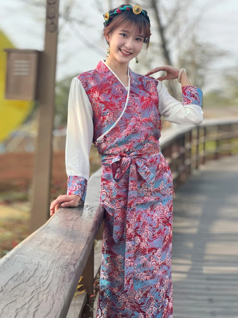 Tibetan Costumes Women's Kangba Robe Color Matching Clothing Guozhuo Skirt Lace Brocade Ethnic Style