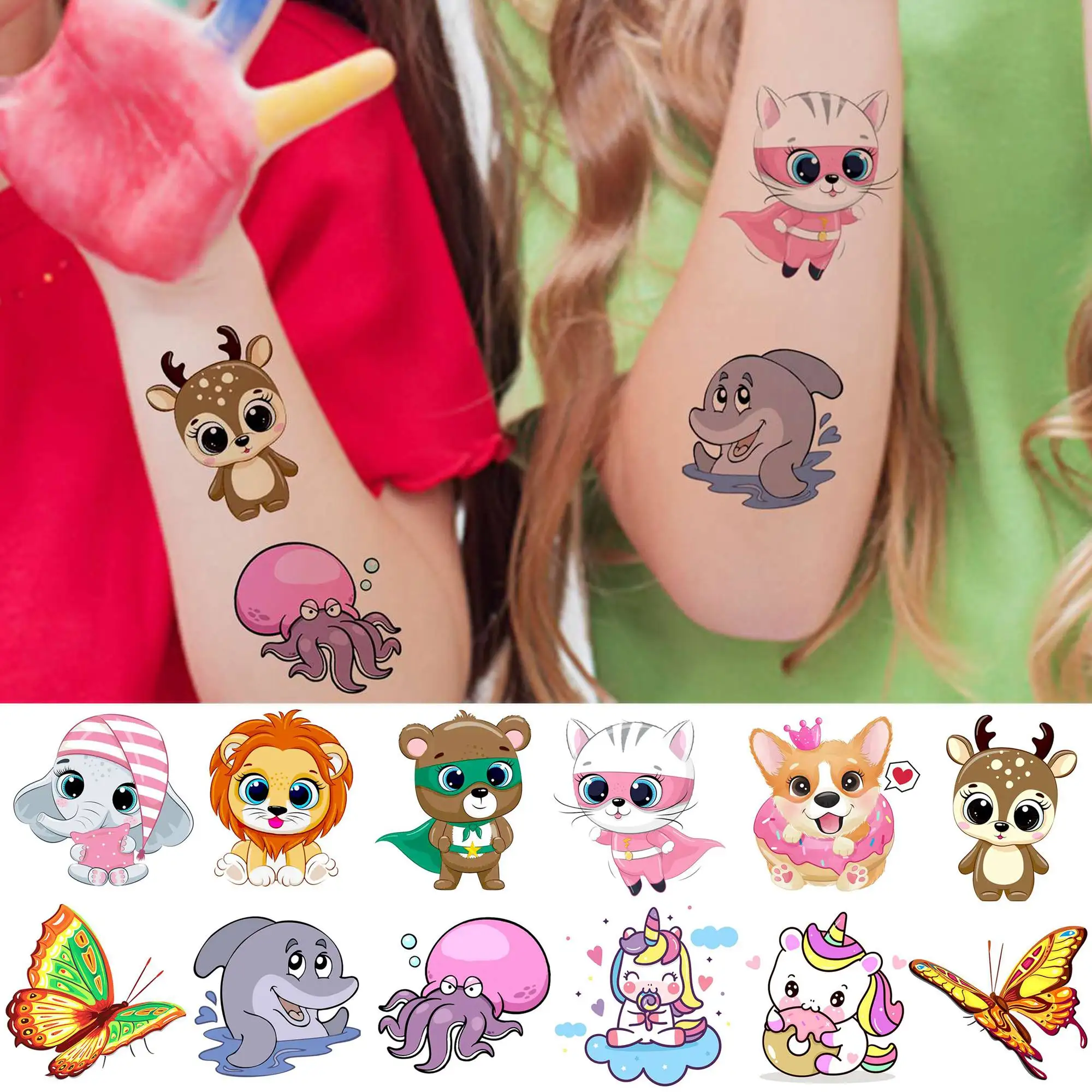 50 PCS Animals Temporary Tattoos For Women Girls Fake Butterfly Mermaid Unicorn Tattoo Sticker 3D Cartoon Body Art Tatoos Decor