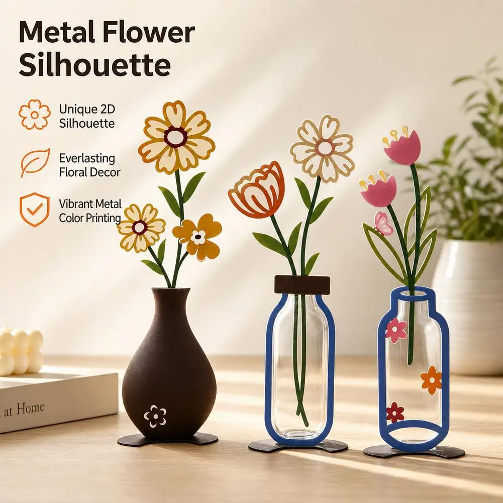 3D Vase Home Decor 3Pcs Modern Aesthetic Metal Wall Art Flower Pot Stand Table Centerpiece Living Room Bedroom Kitchen Office