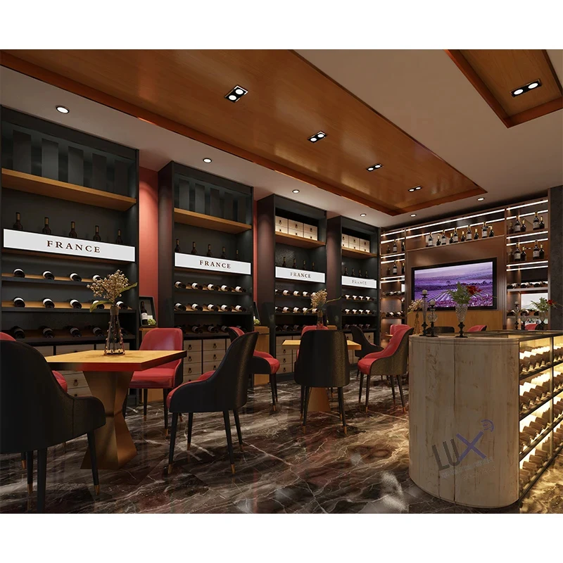 custom.Customized LED Light Wood Grain Melamine Board Wine Display Gondola Fashionable Showcase Liquor Shops Store Decor