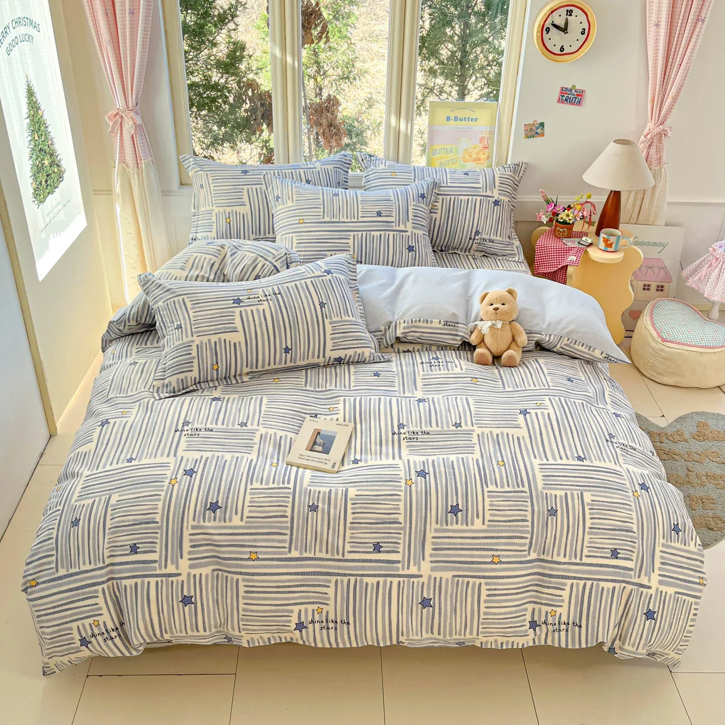 Star Striped Print 100% Cotton Duvet Cover Soft Comfortable Queen King Comforter Cover Pillowcases Set Single Double Bed Covers
