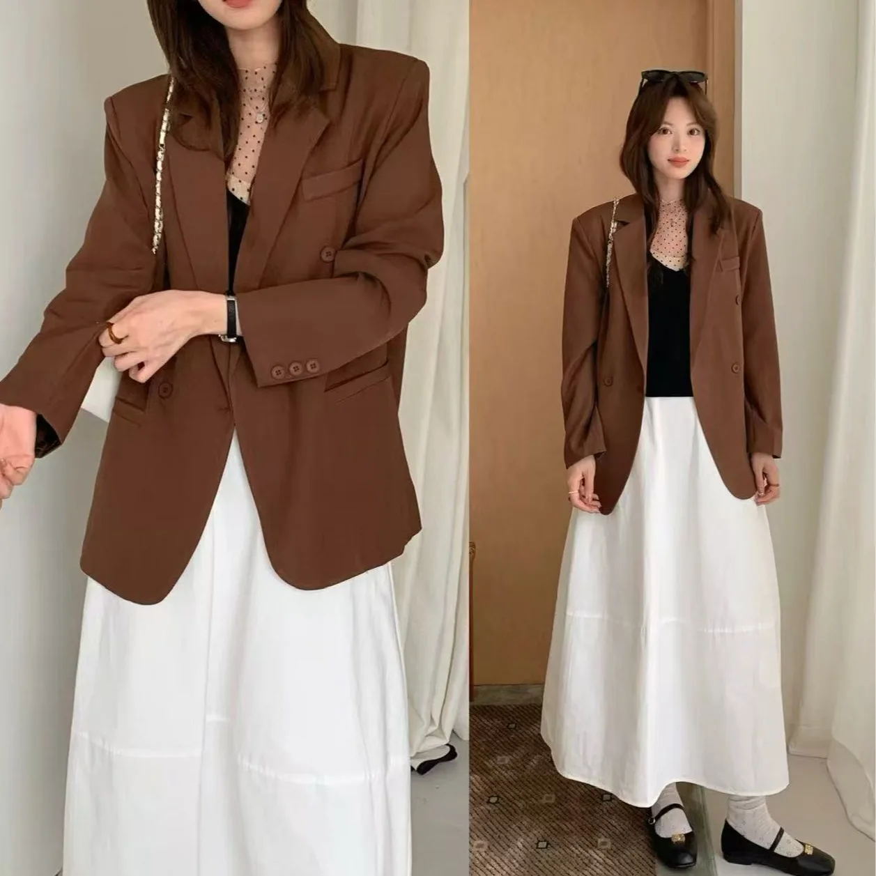 Casual Women's Suit Jacket Small Size New Autumn Korean Style Loose Fit Polyester Long Sleeve Single Button Polyester Fiber