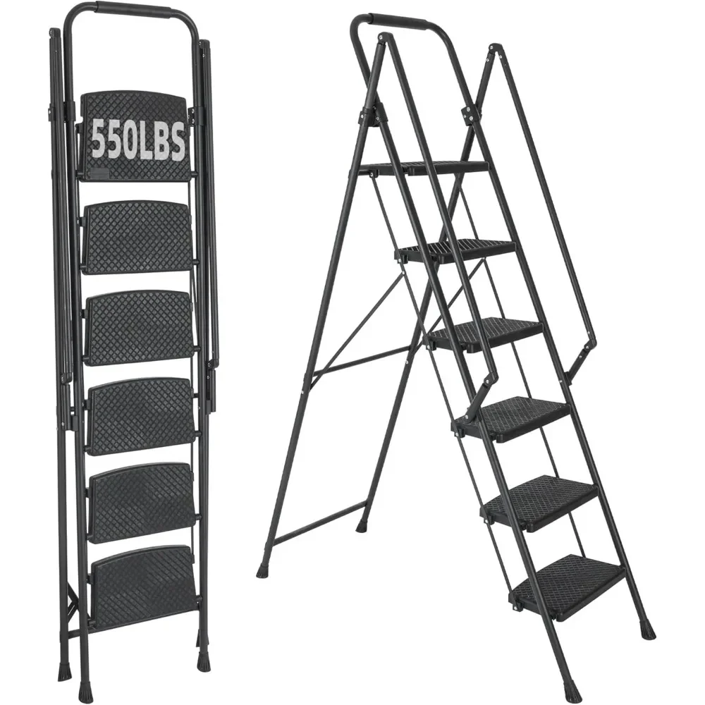 

6 StepLadder withHandrails,FoldingStepStool withWideAnti-SlipPedals forAdults,Foldable 550lbsCapacitySturdyAluminum(6Step-Black）