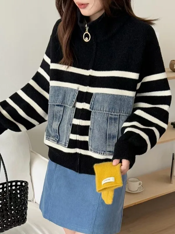 الكورية مخطط الوقوف طوق المرقعة الدنيم ثي الدافئة المرأة سترة Jaet الشتاء Faion تصميم أعلى ل 8-24 سنة #2