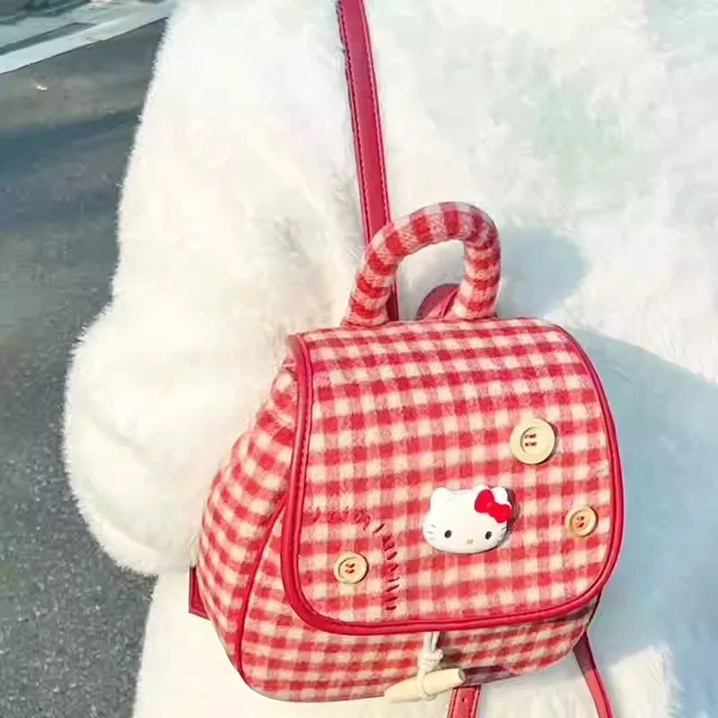 Hellokitty Bag Kt Cat Retro Cute Plaid Twin Shoulder Small Backpack Female Student Commuting Christmas Gift Birthday Gift In Sto
