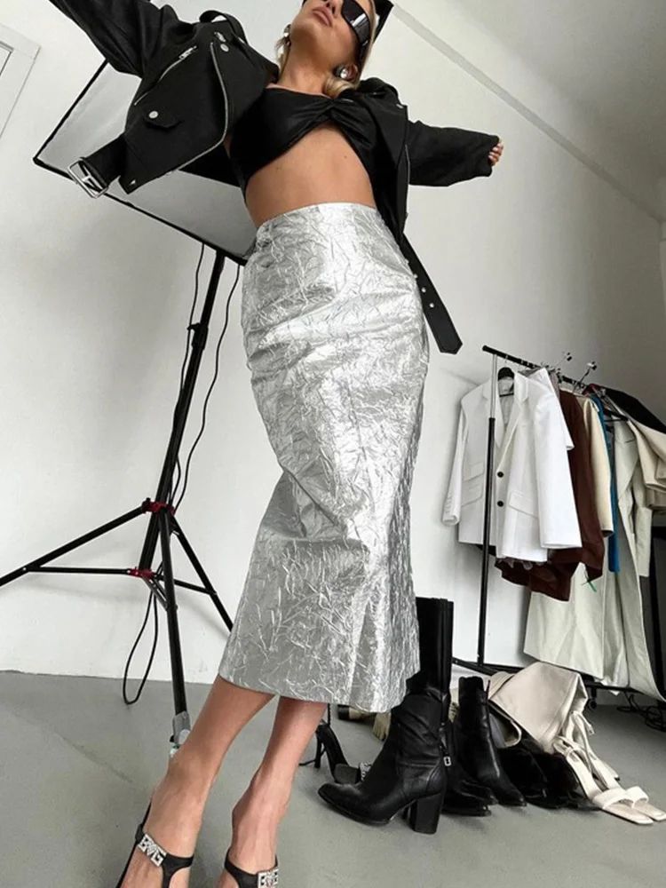 2023 Fashion Spring Summer Women Solid Gold High Waist Midi Skirts Street Vintage Concise Straight Skirt For Women Female