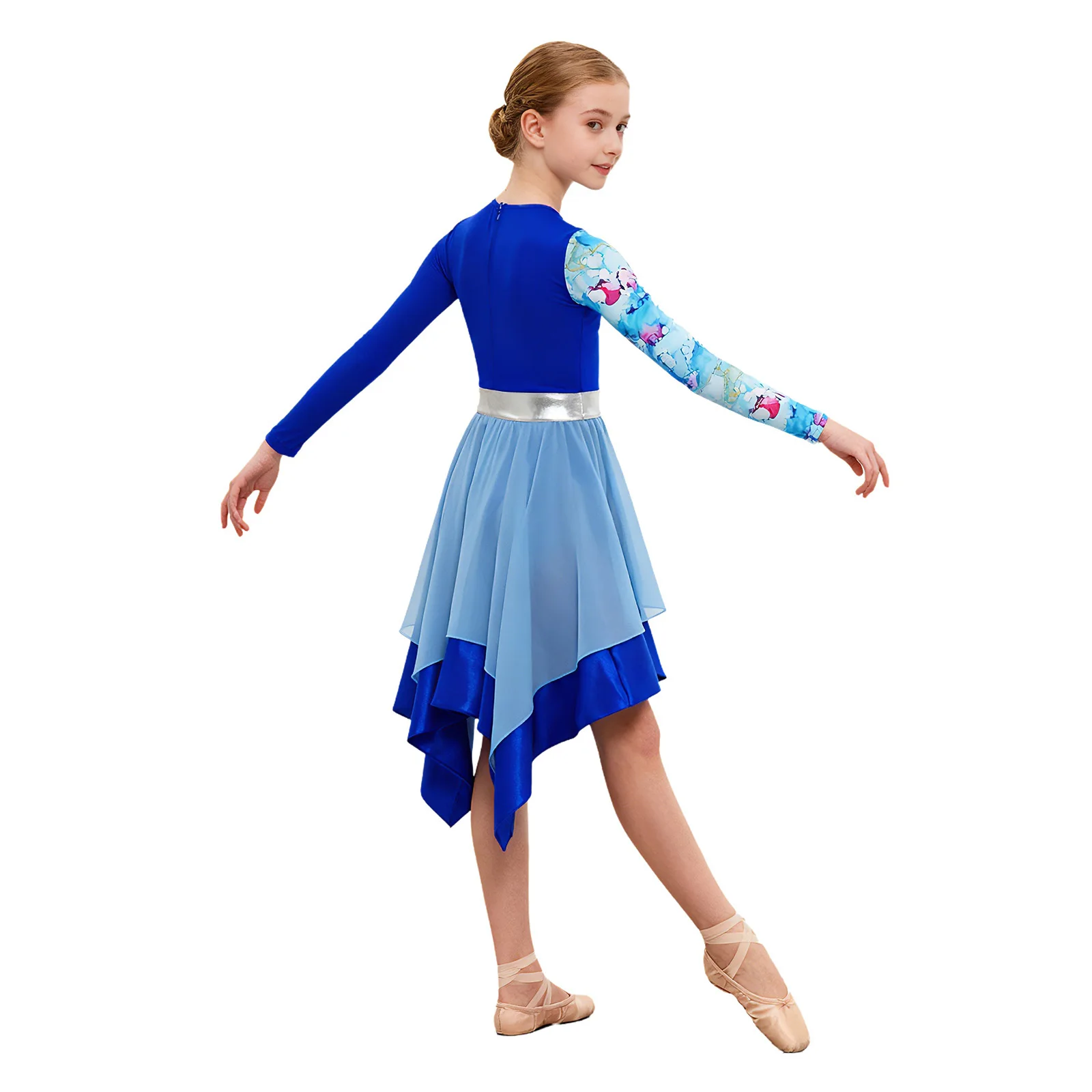 女の子の賛美歌リリカルモダンダンスドレス長袖イレギュラーヘムドレス礼拝典礼ダンスステージショーパフォーマンスコスチューム