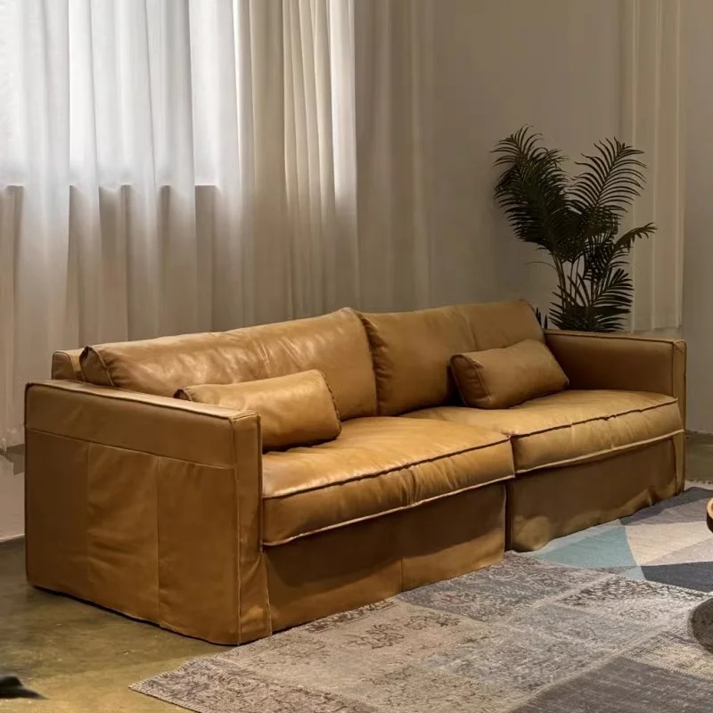 #Camel Top Grain Leather Sofa Slipcover Design Plush Cushions Rectangular Bolster Modern Rustic Industrial Living Room Furniture