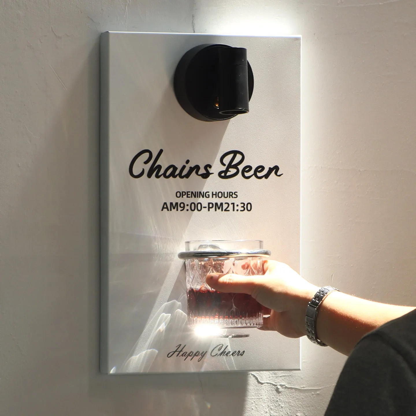 Coffee shop bar sign, fun clock in billboard installation