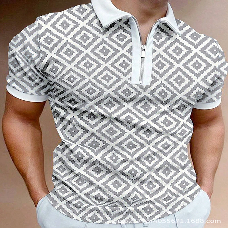 

Summer Men's 3D Digital Printing Fashion Trend Zipper Polo Men's Short Sleeved T-shirt