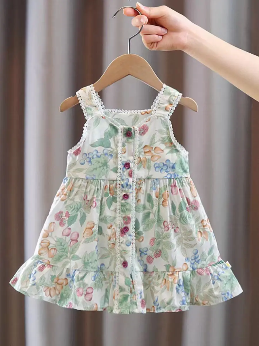 Little Girls Cotton dressr for puff sleeve Camisole Leisure dress 2024 New Flowers full of prints 1-7T Kid Summer clothing