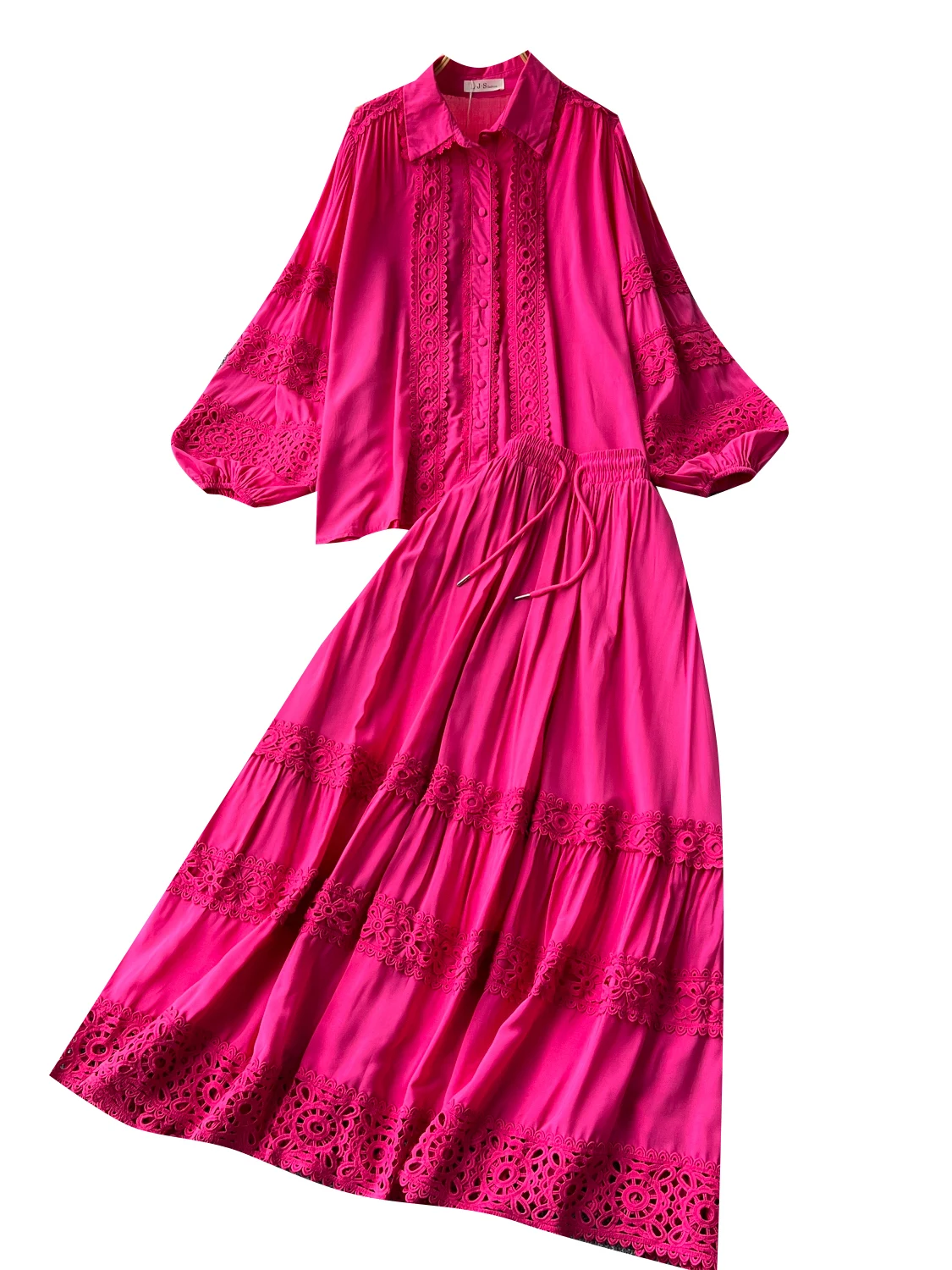 

Retro Loose Collar Lantern Sve Lace Patchwork Top High Waist Flared Skirt Two Piece Set Anti-Aging Women's Faion Ensemble