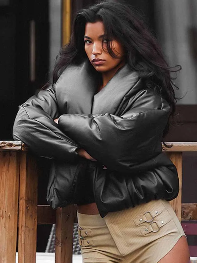 BKQU-Chaqueta de plumón de cuero liso para mujer, Parkas cortas gruesas acolchadas de algodón de manga larga con cuello levantado, abrigos de calle para Otoño e Invierno