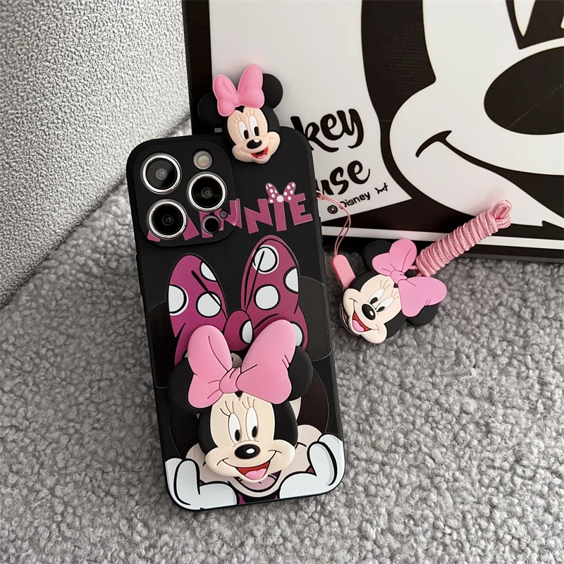 3D Minnie Mickey Cartoon Phone Case For Huawei Y7 Prime Y8 Y9 Y7P Y8P Y9A Y9S Y7A Y6 Pro Y5 Y6P Y5P Holder With Rope Cover