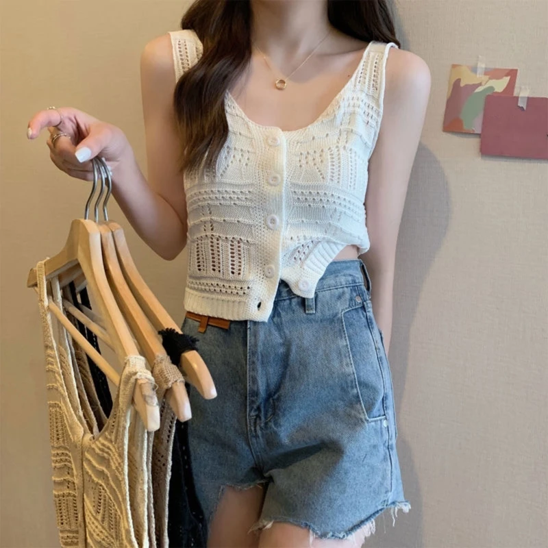 Knitted Tube Crop Top Vest Women Hollow Out Sleeveless Summer for Tank Top S