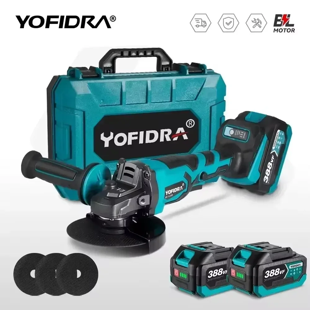 Yofidra 125 mm bürstenloser elektrischer Winkelschleifer, 3 Gänge, variabel, kabellos, Schleifen, Schneiden, Holzbearbeitungswerkzeug für Makita 18