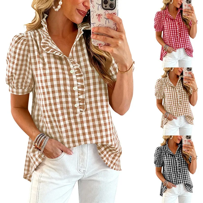 

Women Blouse Short Sleeve Ruffle Neck Blouses Gingham Brown White Gingham Shirt Loose Fit Asymmetrical Hem Button Down Shirt