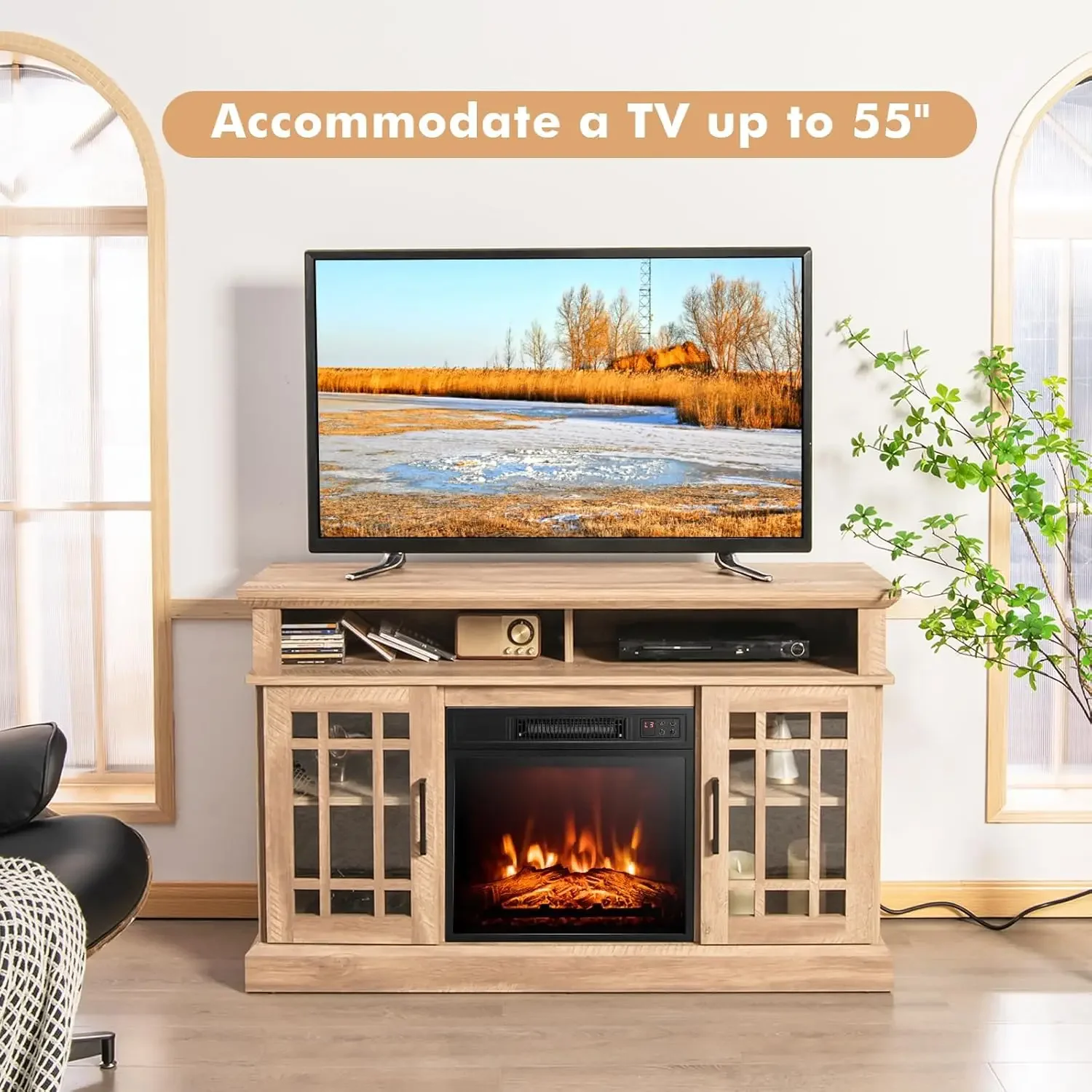 

Electric Fireplace TV Stand for TVs Up to 55 Inch, Fireplace Entertainment Center with Two Side Cabinets & Adjustable Shelves