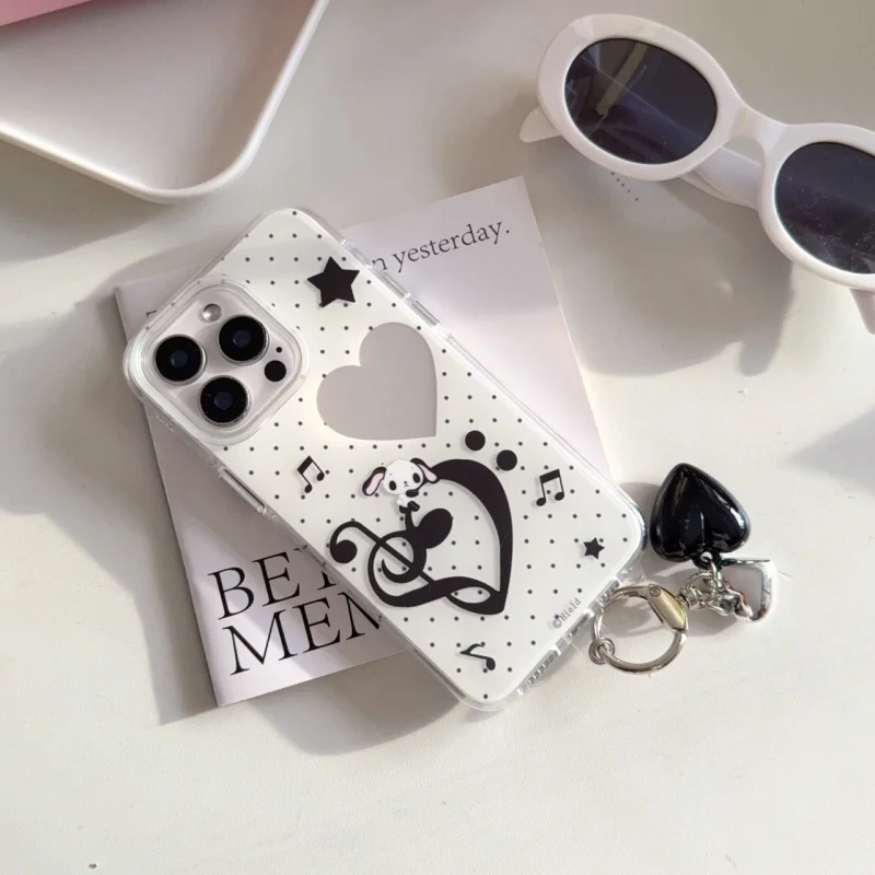 

Fashion Music notation puppy Phone Case for iPhone 12 13 14 15 16 17 Pro Max 17ProMax IMD Love keychain Cover Funda