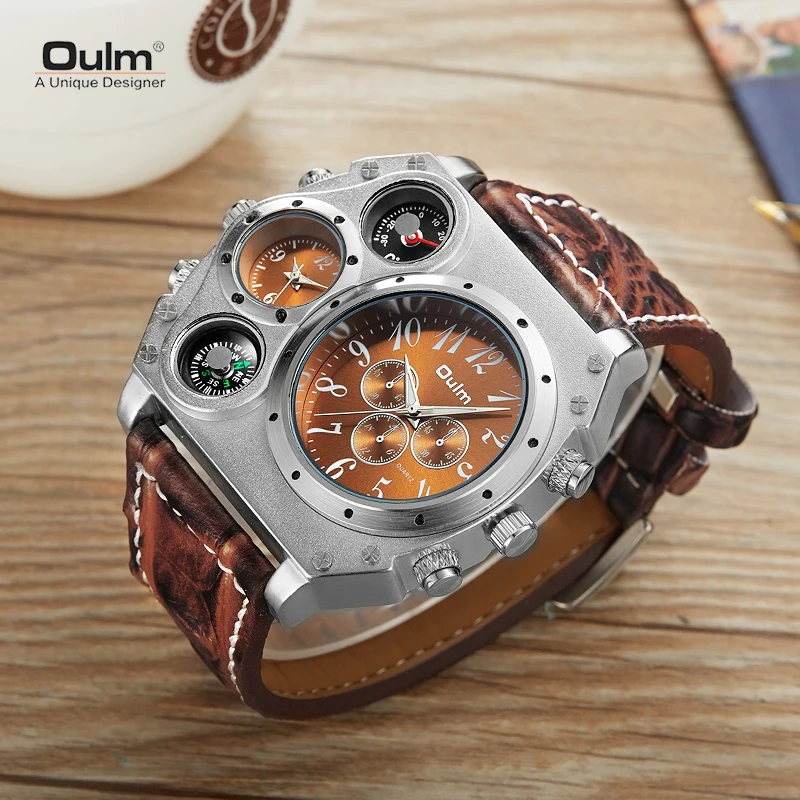 Oulm New Style Large Dial Unique Designer Men\'s Watch Luxury Brand Men Quartz Watch Men Two Time Zone Leather Sport Wristwatches