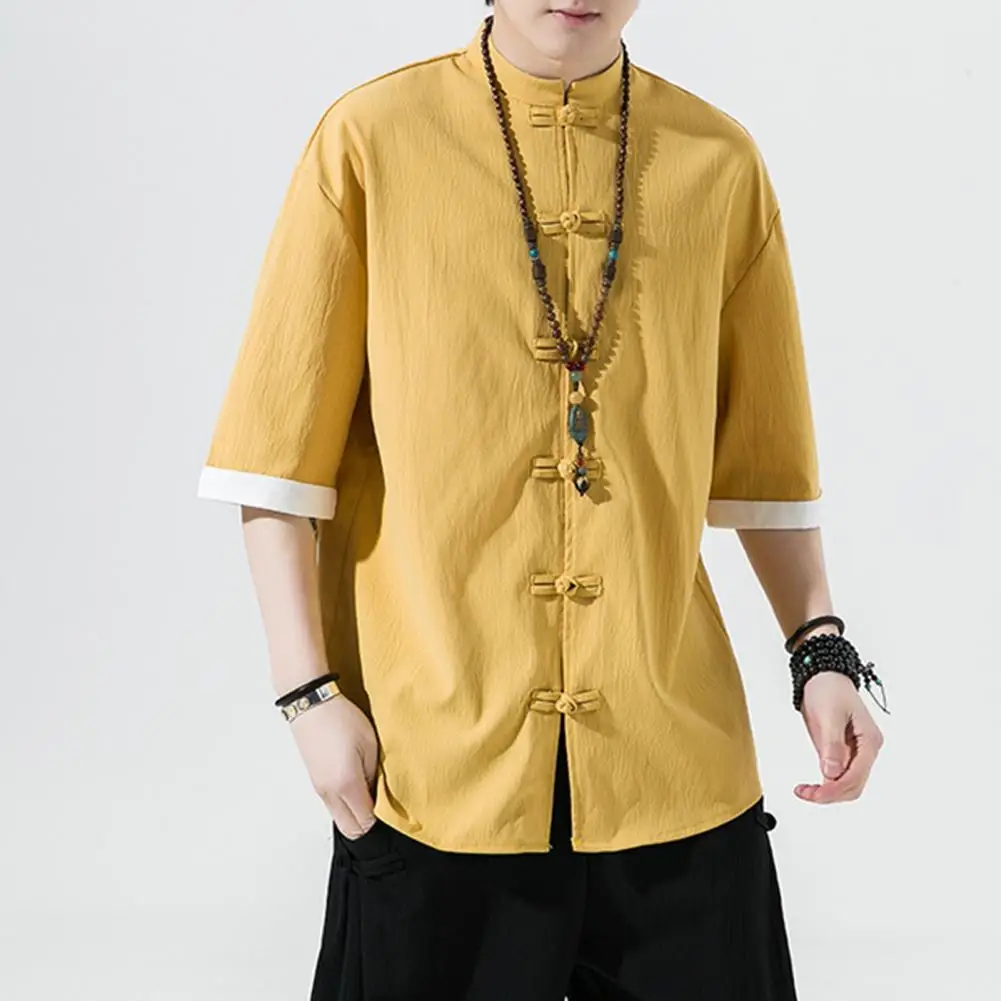 Chinese Style Men Shirt Ice Silk Knot Button Vintage Chinese Top Mid Length Half Sleeves Loose Cardigan Top Hanfu Costume