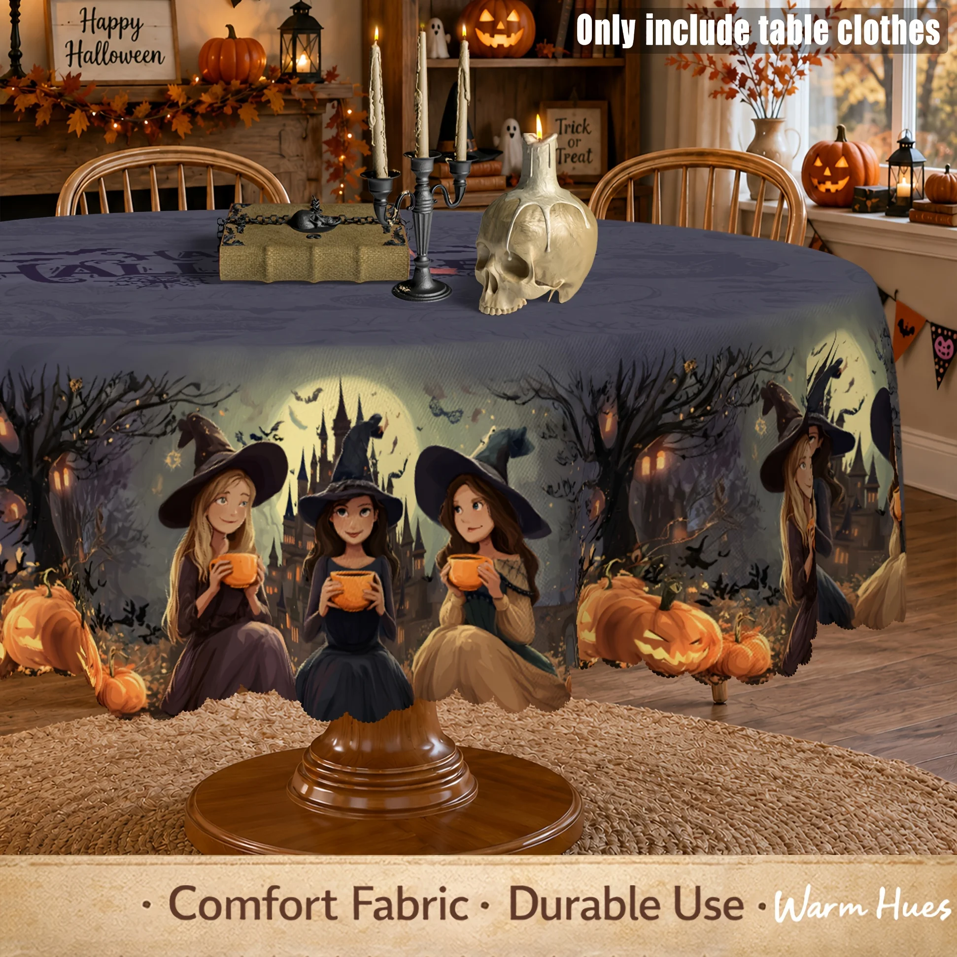 1 piece, Halloween witch tablecloth, ghost castle moonlight print with quirky forest and bat patterns
