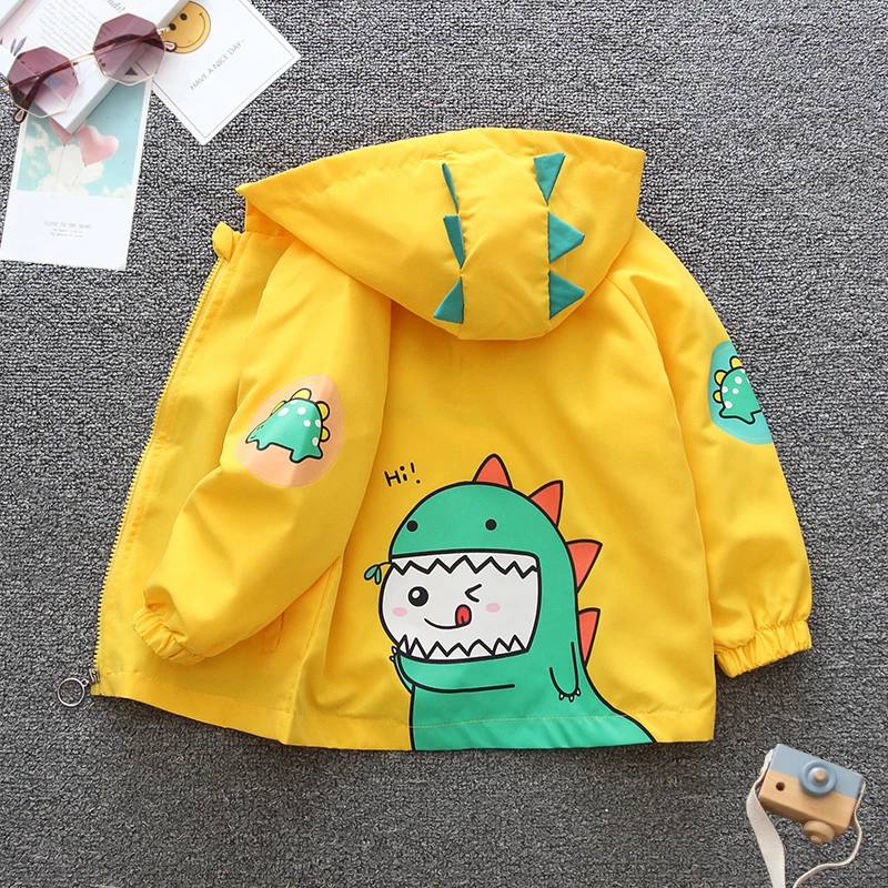 2024 primavera e autunno ragazzi e bambini per il tempo libero Cartoon Dinosaur Splicing Pocket cappotto con cerniera con cappuccio abbigliamento