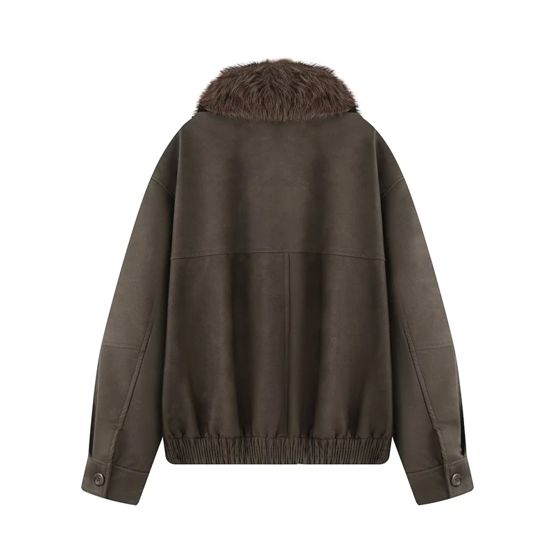 KEYANKETIAN Winter New Women Clothing Retro Detachable Faux Fur Collar Pocket Decoration Shoulder Patch Suede Jacket Women Coat