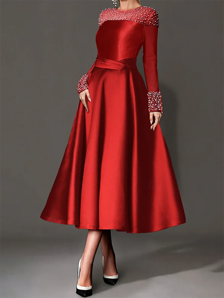 Customized Long Sleeves Evening Dresses Wine Red A-Line Floor-Length Satin Women Formal Gowns Cuff With Rhinestones